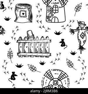 Seamless pattern with mill, flour and scarecrow, hand-drawn doodle-style elements. Kid-inspired background with cute animals, a stuffed animal, and a Stock Vector