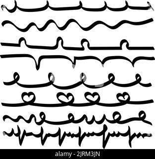 A set of scribbles, a scribble for underlining. Hand-drawn swoosh swirl, underlined calligraphic element. Petals, hearts and flowing lines. Vector ill Stock Vector