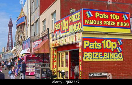 Pats 10p prize bingo, with tower behind, 165 The Promenade, Blackpool, Lancashire, England, UK,  FY1 5BE Stock Photo