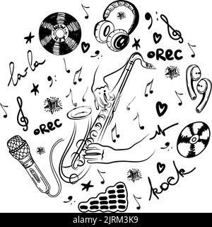A hand-drawn concept of inspired saxophone playing. New hit. Microphone. Hands. Violin key and flying notes. Music. Inspiration. Hands on sax. Isolate Stock Vector