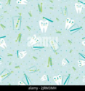 Kawaii tooth kids dental care vector educational seamless pattern background. Cute cartoon characters with toothbrush, tooth paste, brushing teeth Stock Vector