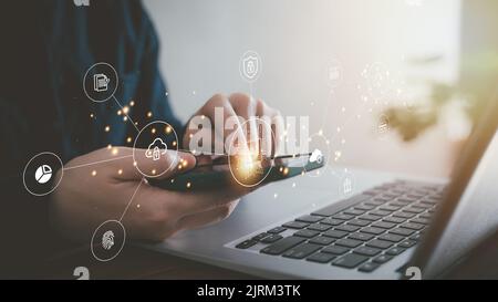 AI chip and new technology bigdata and business design concept with fingerprint system,  cloud computing and online smart industry storage. Stock Photo