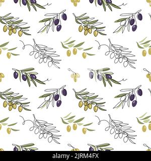 Oliva vector seamless pattern. Green and black olive tree branches on white background. One continuous line art drawing olives pattern Stock Vector