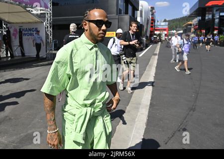 Mercedes' British driver Lewis Hamilton arrives at preparations ahead of this weekend's Spa-Francorchamps Formula One Grand Prix of Belgium race, in Spa-Francorchamps, Thursday 25 August 2022. BELGA PHOTO DIRK WAEM Credit: Belga News Agency/Alamy Live News Stock Photo