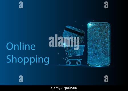 Futuristic online shopping, e-commerce concept with glowing low polygonal mobile phone, shopping cart and credit card on dark blue background. Stock Vector
