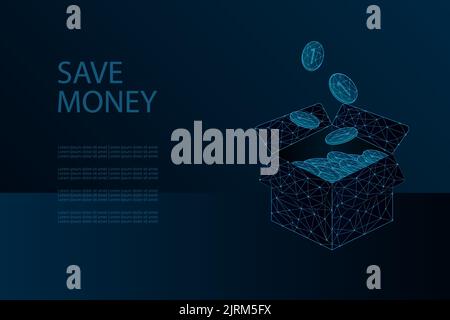 Save money concept with many coins in open box. Digital coins in wireframe low poly style. Finance or business background with light connection Stock Vector