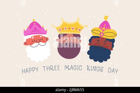 Happy Three Magic Kings Day. Greeting card or banner for Epiphany Day. Vector trendy illustration. Stock Vector