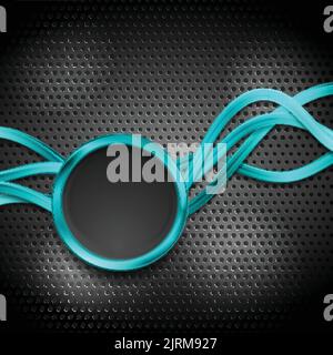 Abstract turquoise waves and glossy circle on dark perforated metallic texture. Vector background Stock Vector