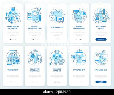 Mobile first design blue onboarding mobile app screen set Stock Vector
