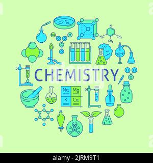 Chemistry science round poster in colored line style. Banner with chemical symbols. Vector illustration. Stock Vector