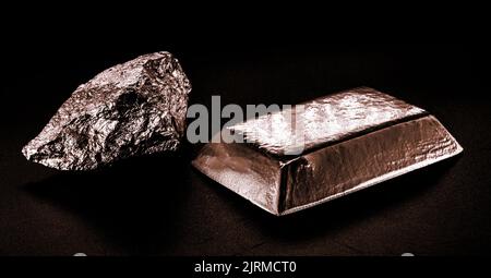 copper ore ingot, real photo, isolated black background, metallurgy industry, conductive materials Stock Photo