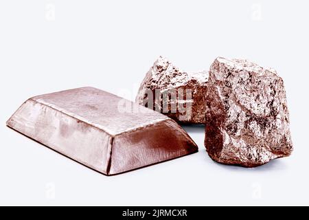 copper ore ingot and copper nuggets, real photo, isolated white background, metallurgy industry, conductive metal Stock Photo