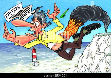 Funny cartoon, man falling off a cliff with his pants on fire. Illustrating the concept of what a lair's might epitaph read Liar, liar, pants on fire Stock Photo