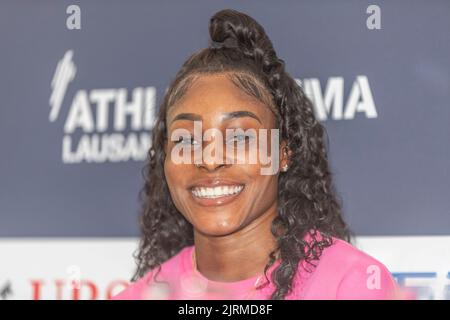 Lausanne, Switzerland. 08th May, 2022. Elaine Thompson-Herah (JAM), 100m explained her preparation for the meeting during Press conference of the Grand-Prix Athletissima Wanda Diamond League in Lausanne 2022. The Press conference of the Grand-Prix Athletissima Wanda Diamond League in Lausanne 2022, took place in Lausanne, the Olympic capital in the famous Carlton Lausanne Hotel. (Photo by: Eric Dubost/Sipa USA) Credit: Sipa USA/Alamy Live News Stock Photo