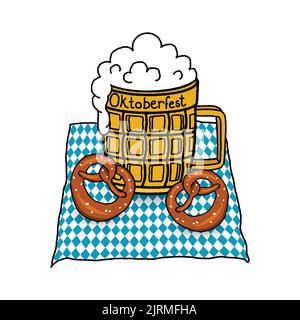 Oktoberfest Hand-drawn concept Beer Festival Germany Munich vector illustration. Beer mug with pretzel on blue pattern table cloth. Social media post, Stock Vector