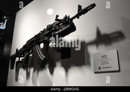 Assault rifle AK 203 presented at the stand of the Kalashnikov concern, international military-technical forum Army-2022. Stock Photo