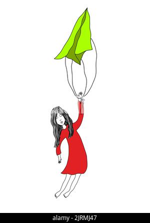 A girl in red dress flying by holding a paper plane Stock Vector