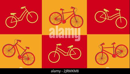 Illustrative image of bicycles in red and yellow square shapes, copy space Stock Photo