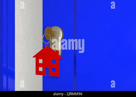 house keys key 3D rendered key ring with house new home mortgage concept keys in lock open door Stock Photo