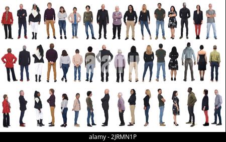 front, back and side view of same group of people on white background Stock Photo
