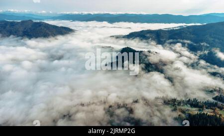 Scenery of mountains. A dreamy view of a foggy valley in the Carpathian mountains, Ukraine. Aerial panoramic drone shot Stock Photo