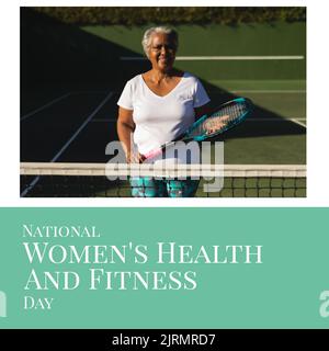 Portrait of african american senior woman at tennis court, national women's health and fitness day Stock Photo