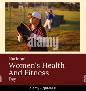 Digital image of asian woman playing baseball, national women's health and fitness day text Stock Photo