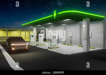Futuristic electric car charge station at night - 3d illustrarion Stock Photo