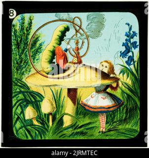 Alice in Wonderland (Part 1), Down the rabbit hole: there was a large mushroom, and on the top of it sat a large caterpillar, circa 1900, London, by W. Butcher & Sons, Sir John Tenniel. Stock Photo