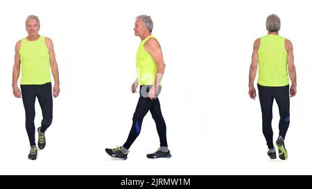 front, back and side view of same senior man with sportswear walking on white background Stock Photo