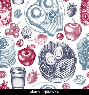 Breakfast seamless pattern background design. Engraved style. Hand drawn pancakes, bowl with avocado, chia pudding, fried eggs, raspberry, blueberry Stock Vector