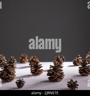 New Year's still life forest of pine cones on a white-gray background. Stock Photo