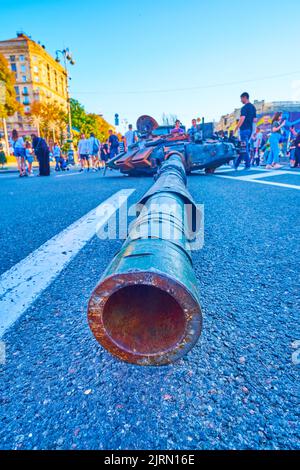 The burnt and rusty tank tower on exhibition of destroyed Russian military equipment, Kyiv, Ukraine Stock Photo