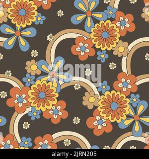 Groovy Large Scale Hand-Drawn Floral Daisies Vector Seamless Pattern. Retro 70s Style Stock Vector