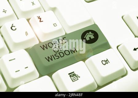 Text showing inspiration Words Of Wisdom. Business overview Expert advices orientation from somebody with knowledge Two Colleagues Standing Discussing Stock Photo