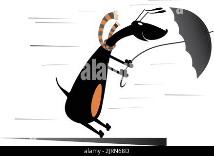 Windy day and a dog illustration. Dog holding an umbrella gone with the wind isolated on white illustration Stock Vector