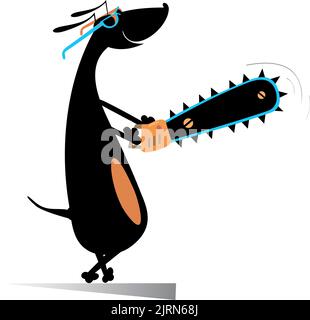 Smiling dog with chainsaw illustration. Cartoon dog a worker holding a chainsaw isolated on white Stock Vector