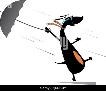 Windy day and a dog illustration. Dog holding an umbrella gone with the wind isolated on white illustration Stock Vector