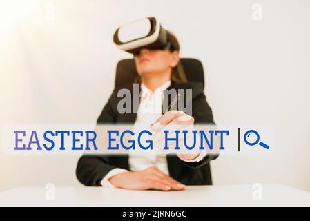 Conceptual display Easter Egg Hunt. Business overview Searching special season treats presents spring tradition Man Holding A Tablet Projecting A Stock Photo