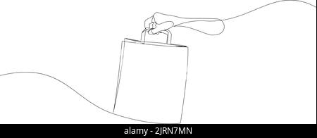 One continuous line drawing of hand holding bag. Shopping concept. Holiday shopping. Vector illustration isolated on white background Stock Vector