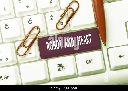 Text showing inspiration Robot And Heart. Business approach Sensitivity and care behind the machine technology Businessman Pointing With Finger On A Stock Photo