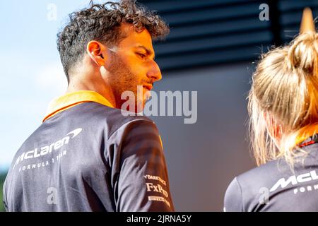 Stavelot, Belgium, 25th Aug 2022, Daniel Ricciardo, from Australia competes for McLaren F1 . The build up, round 14 of the 2022 Formula 1 championship. Credit: Michael Potts/Alamy Live News Stock Photo