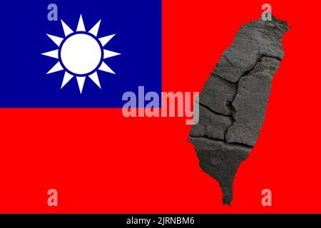 Defocus Taiwan flag, official colors and proportion correctly. National Taiwan flag. Taiwan map. Democracy. War and stone crack. War between China and Stock Photo