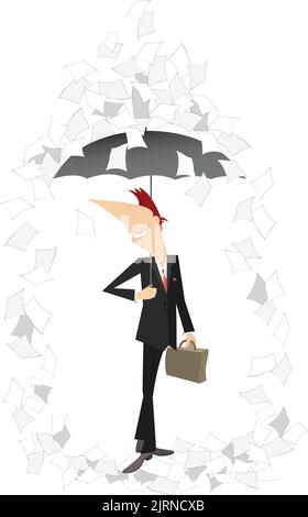 Papers fall down on the man with a bag and umbrella isolated. Smiling young man with umbrella and bag staying under the paper fall Stock Vector