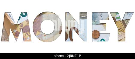 Word MONEY with the texture of Euros, European money, Business Finance concept Stock Photo