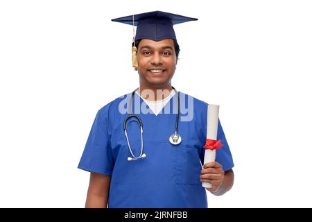 happy indian doctor or male nurse with stethoscope Stock Photo
