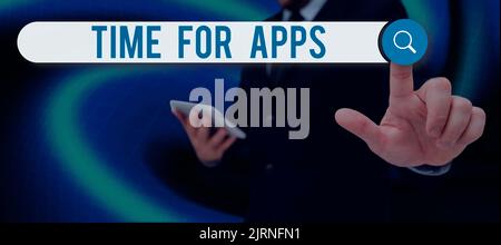 Conceptual caption Time For Apps. Word Written on The best fullfeatured service that helps communicate faster Man Having Magnifying Glass To Point Stock Photo