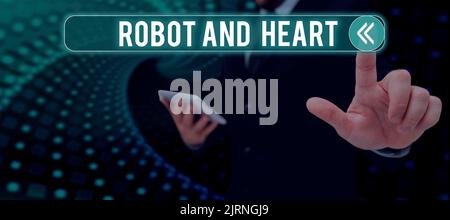 Sign displaying Robot And Heart. Business concept Sensitivity and care behind the machine technology Lady in suit holding pen symbolizing successful Stock Photo
