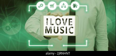 Conceptual caption I Love Music. Internet Concept Having affection for good sounds lyric singers musicians Stock Photo