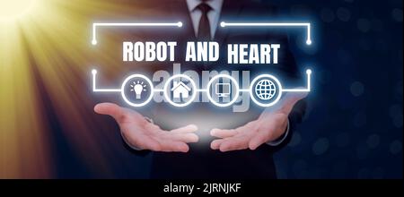 Text showing inspiration Robot And Heart. Conceptual photo Sensitivity and care behind the machine technology Woman Using Virtual Reality Simulator Stock Photo